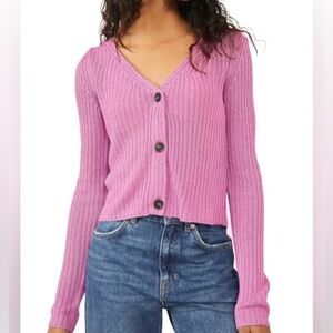 Free People Game On Cardi in Metallic Pink Ribbed